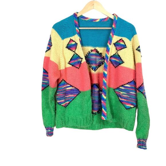 Handknit Zanny Artsy Indie Colorful Rainbow Open Front Cardigan Size XL - Picture 1 of 3